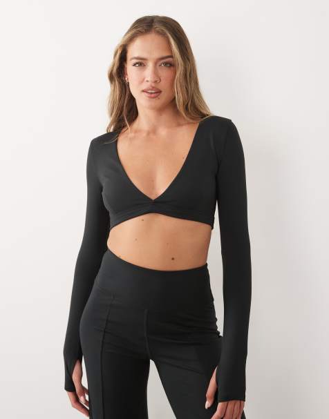 ASOS 4505 - top corto de manga larga con cruce delantero y tacto suave en negro - view 1