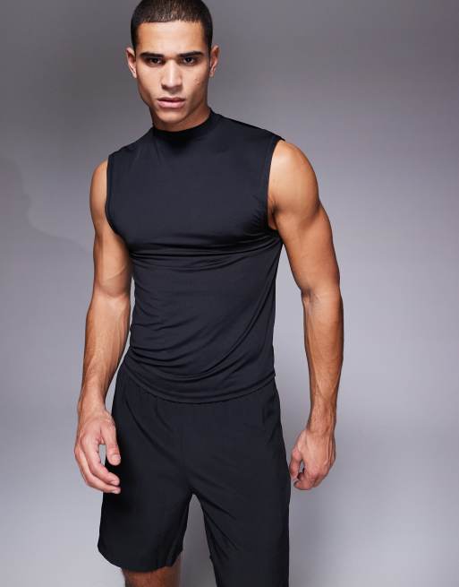 ASOS 4505 Trainings Tanktop mit schnelltrocknendem Material in Schwarz mit Muskelschnitt und Stehkragen