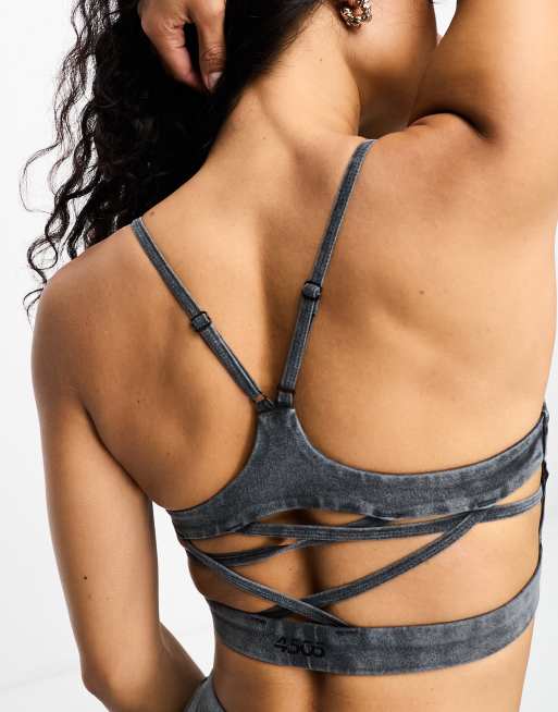 ASOS 4505 washed yoga light support sports bra with lattice back detail in gray