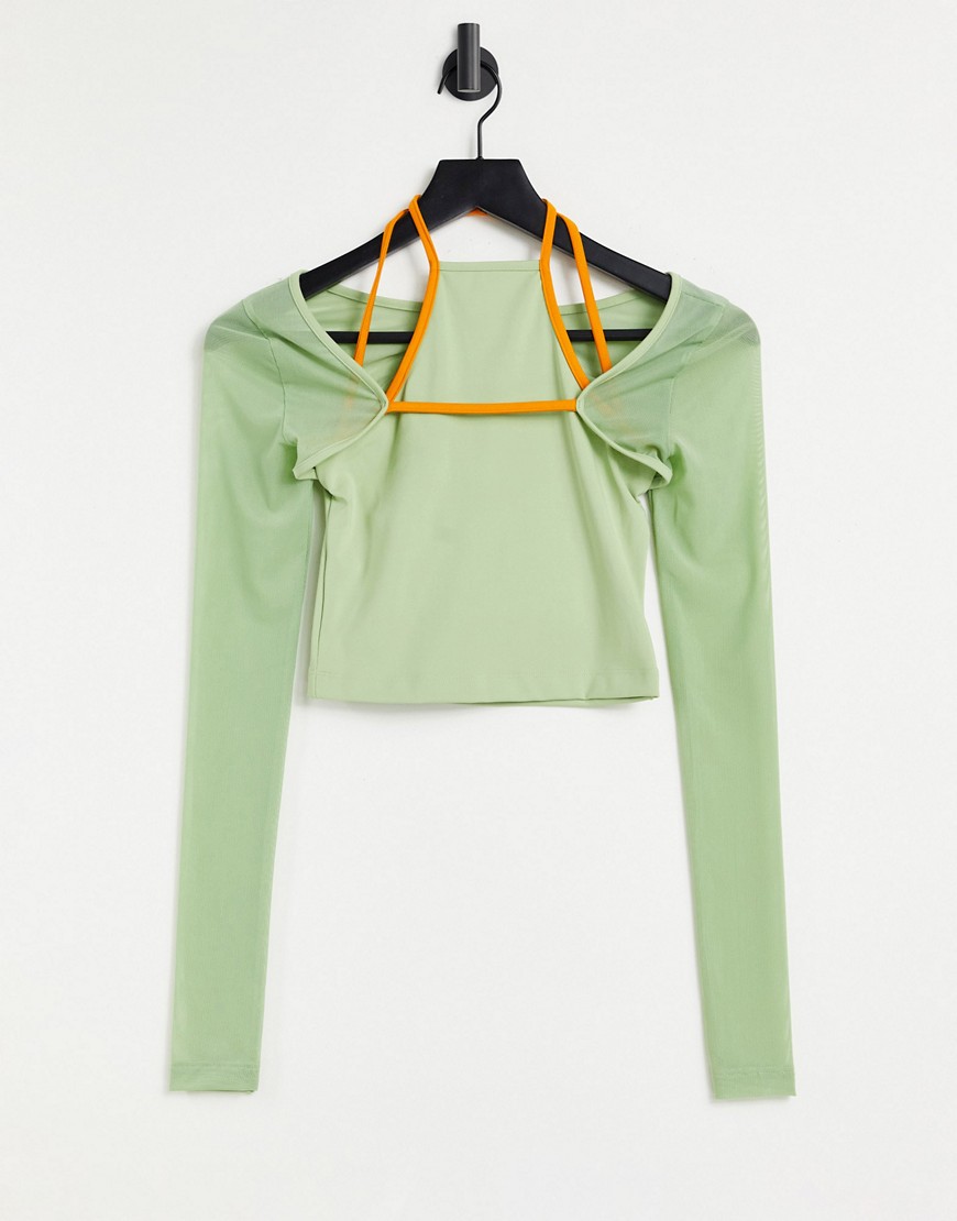 ASOS 4505 yoga long sleeve top with cut out and strapping detail-Green