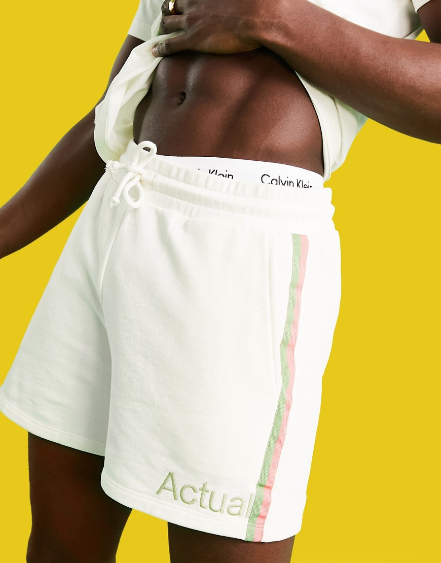 ASOS Actual Athleisure co-ord jersey shorts in ecru with printed logo and side stripes-White