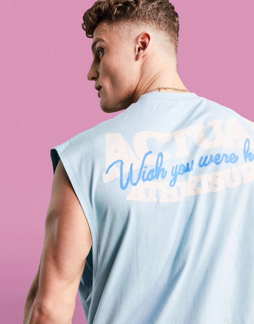 ASOS Actual Athleisure oversized sleeveless T-shirt with front and back logo prints in light blue-Blues