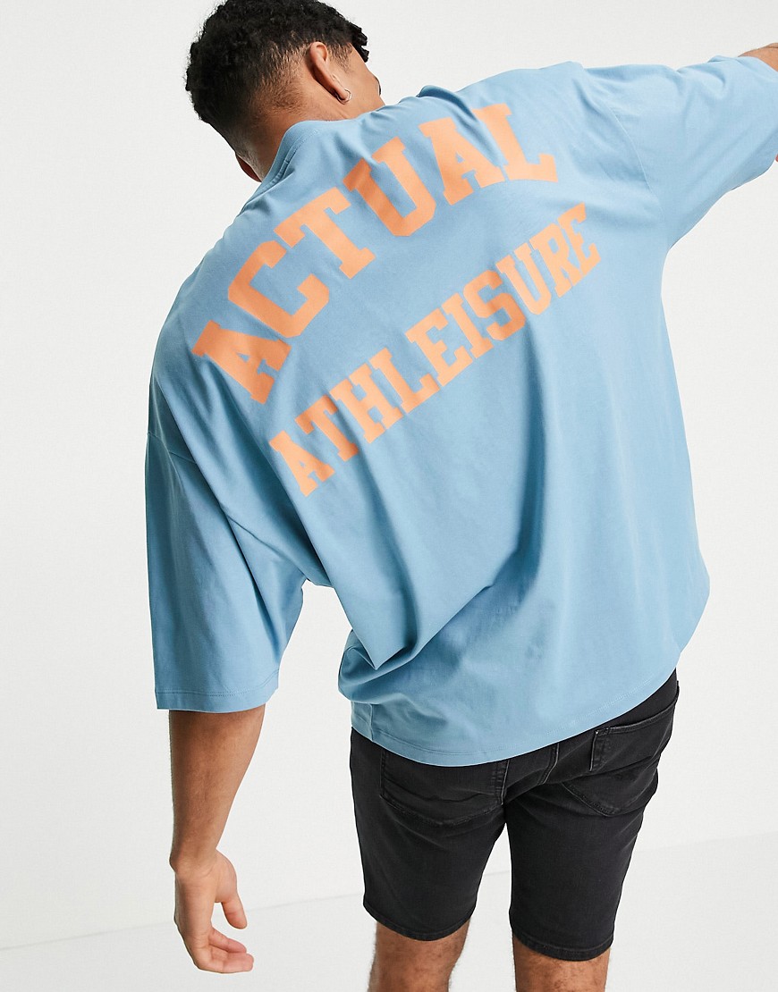 ASOS Actual Athleisure oversized T-shirt in blue with chest and back printed logo-Blues