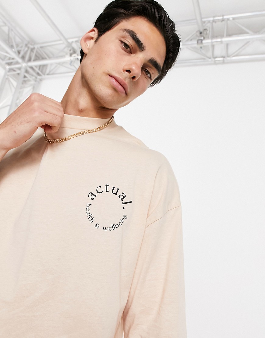 ASOS Actual Athleisure oversized t-shirt in sand with health and wellbeing logo chest print-Neutral
