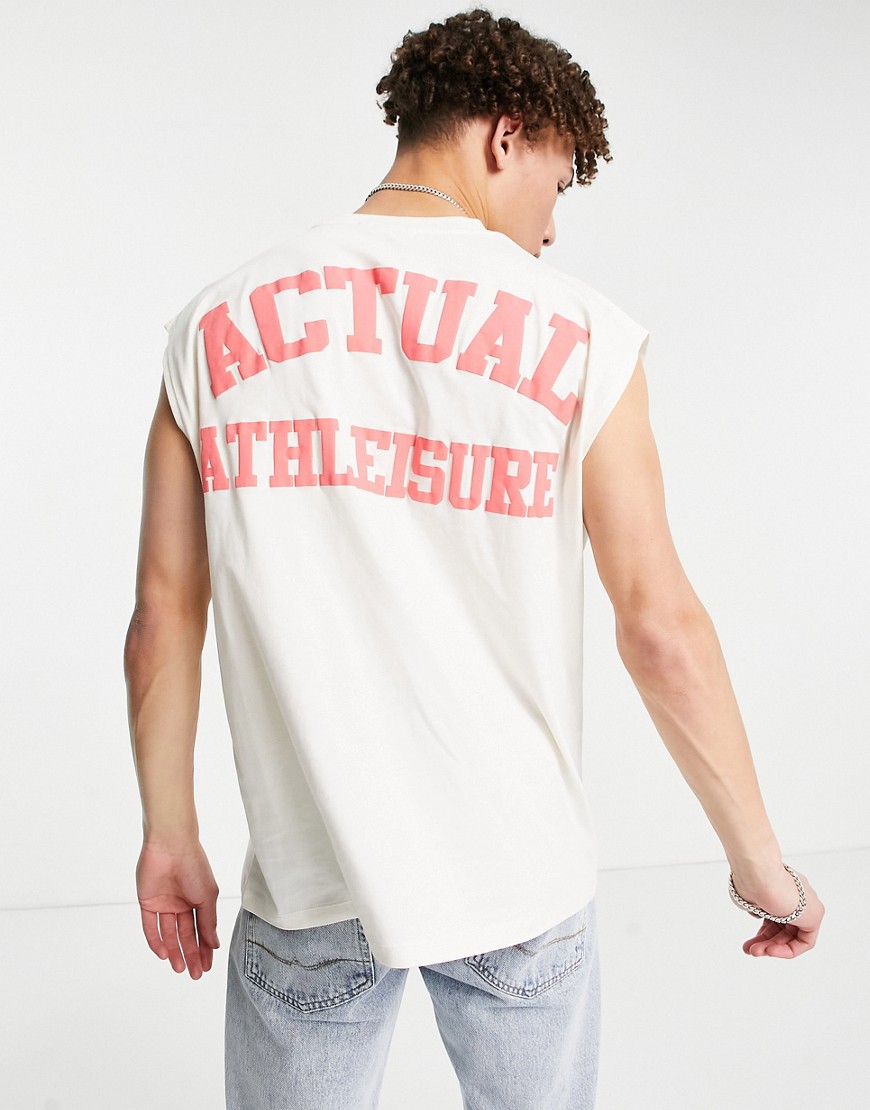 ASOS Actual Athleisure sleeveless T-shirt in ecru with back 3D logo print-White