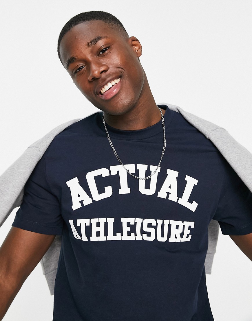 ASOS Actual Athleisure T-shirt with logo front print in navy