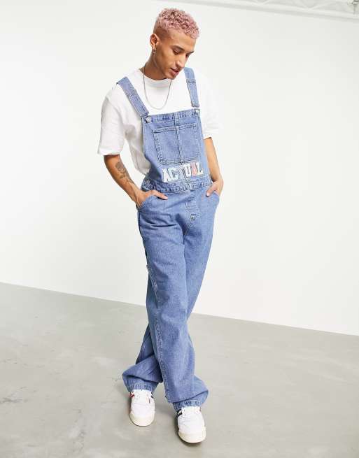 ASOS Actual baggy denim dungarees in mid wash blue | ASOS