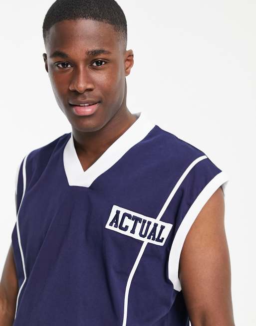 ASOS Actual basketball tank with embroidered chest logo in navy, 3 of 4