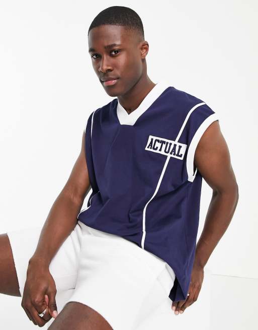 ASOS Actual basketball tank with embroidered chest logo in navy, 4 of 4