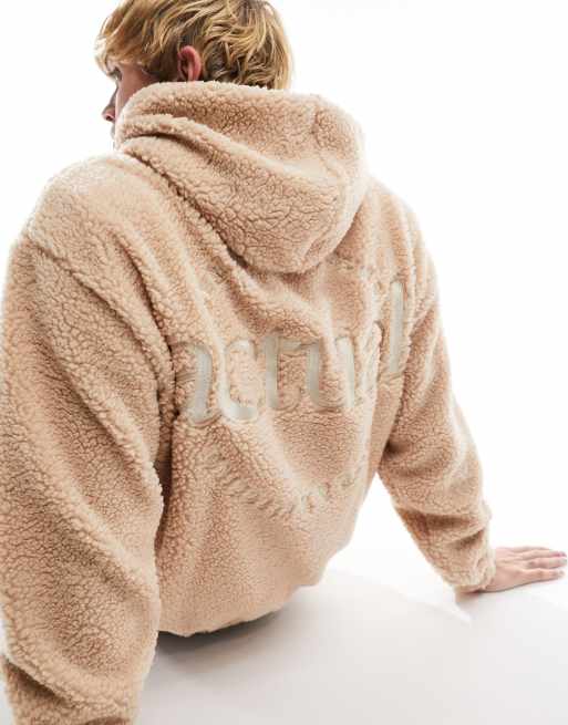 ASOS Actual – Beżowa bluza z kapturem oversize ze sztucznego kożuszka z haftem z przodu i na plecach