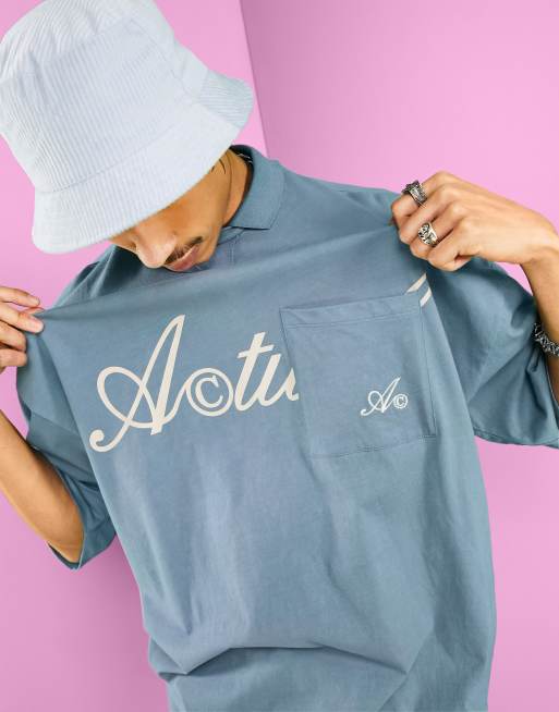ASOS Actual - Blå oversized kortærmet poloskjorte med print og lommedetalje