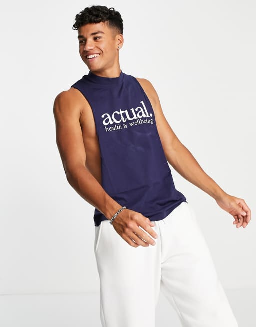 ASOS - Actual - Canotta comoda con logo sul petto, colore blu navy