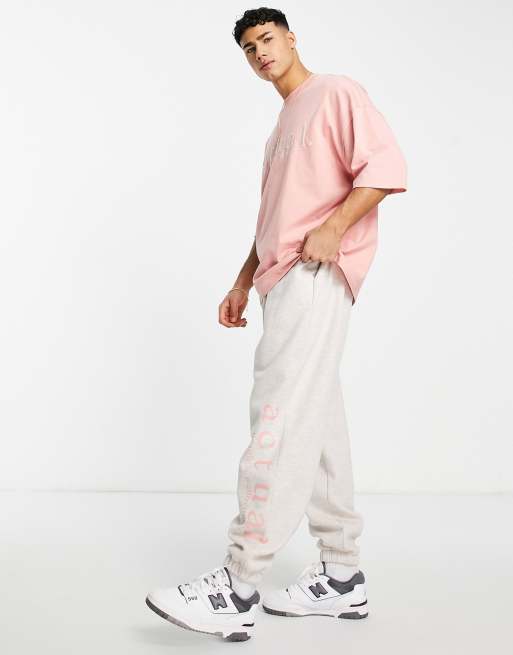 ASOS Actual co-ord brushed jogger with logo in oatmeal marl, 3 of 4