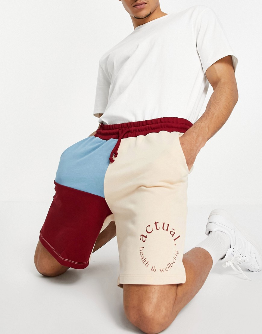 ASOS Actual co-ord jersey shorts with printed logo and colourblocking-Neutral