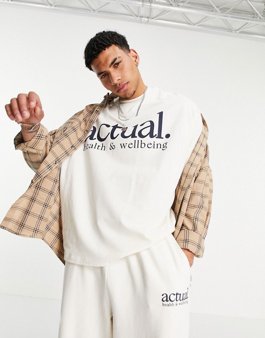 ASOS Actual co-ord oversized Heavyweight t-shirt with printed logo in ecru-White