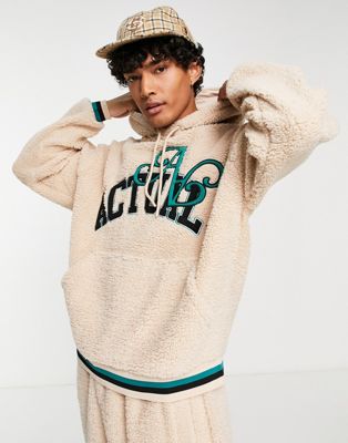 ASOS Actual co-ord in teddy borg with applique logo and tipping in neutral