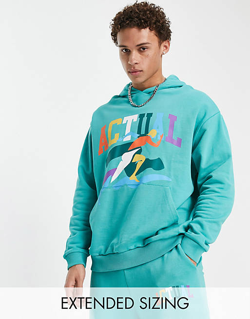 ASOS Actual co-ord oversized hoodie with multi coloured graphic in teal ...