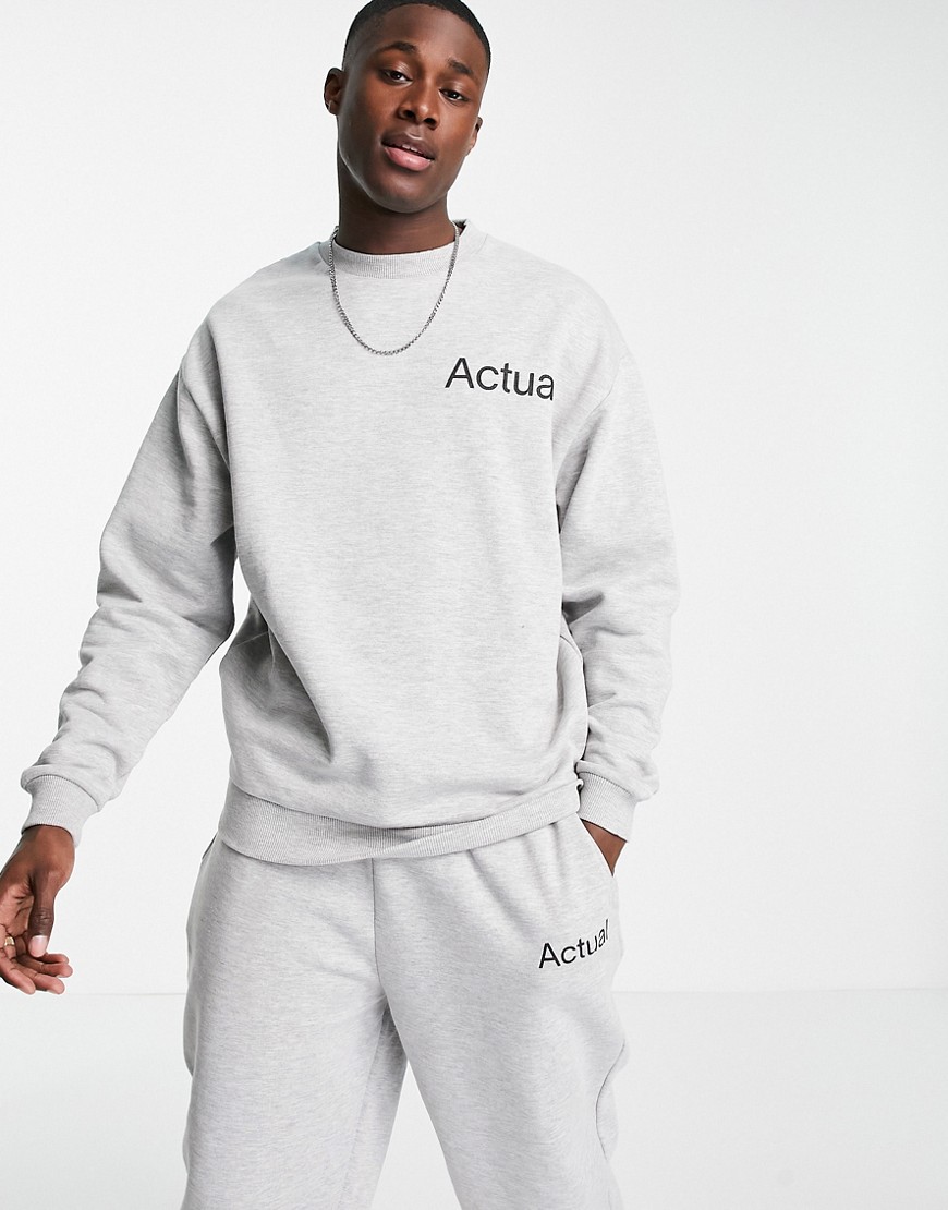 ASOS Actual co-ord oversized sweatshirt in grey marl with printed logo-White