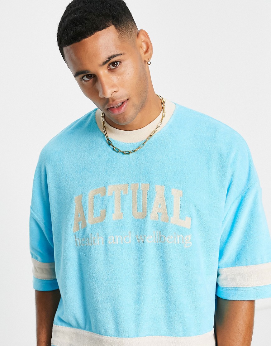 ASOS Actual co-ord oversized t-shirt with cut and sew detailing and logo print in blue