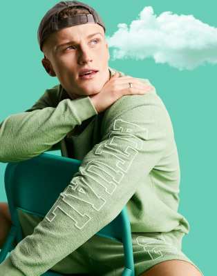 ASOS Actual co-ord relaxed sweatshirt in reverse loopback with logo arm print in green - ASOS Price Checker