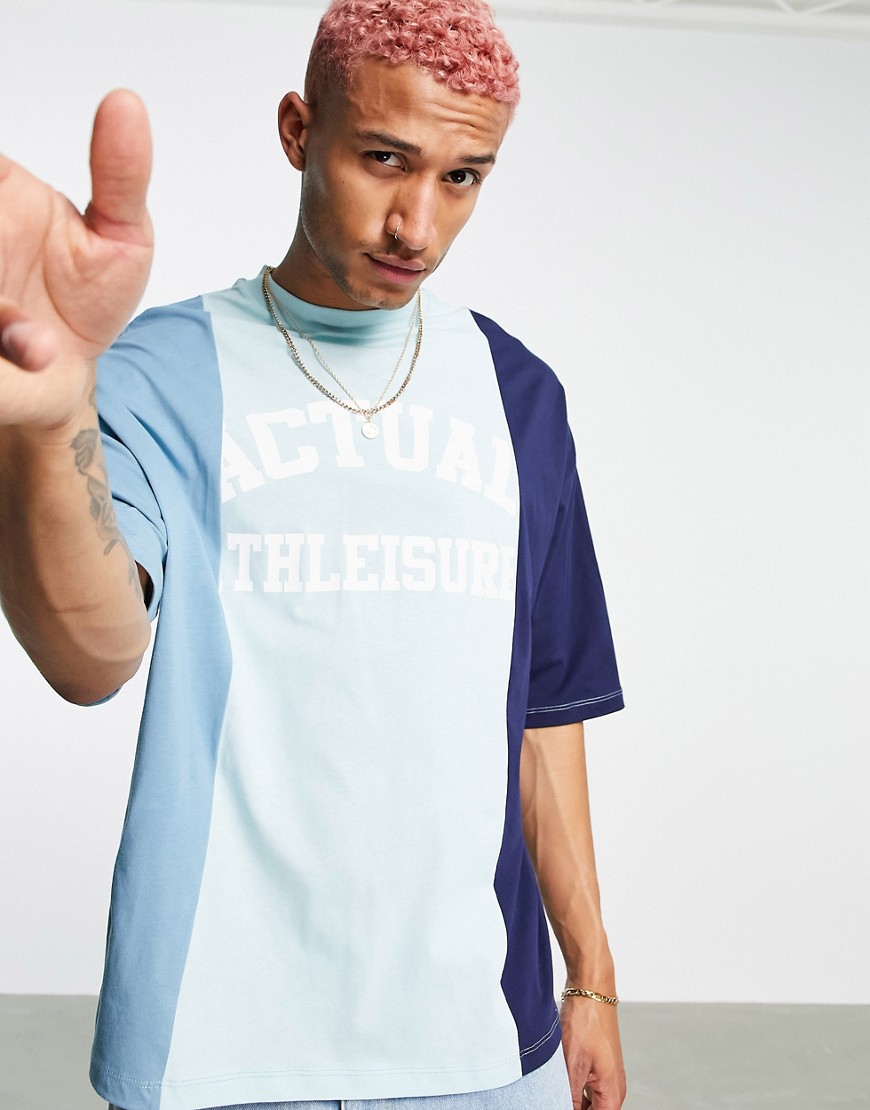 ASOS Actual coordinating oversized T-shirt with color block cut & sew detailing and logo print in blue-Blues