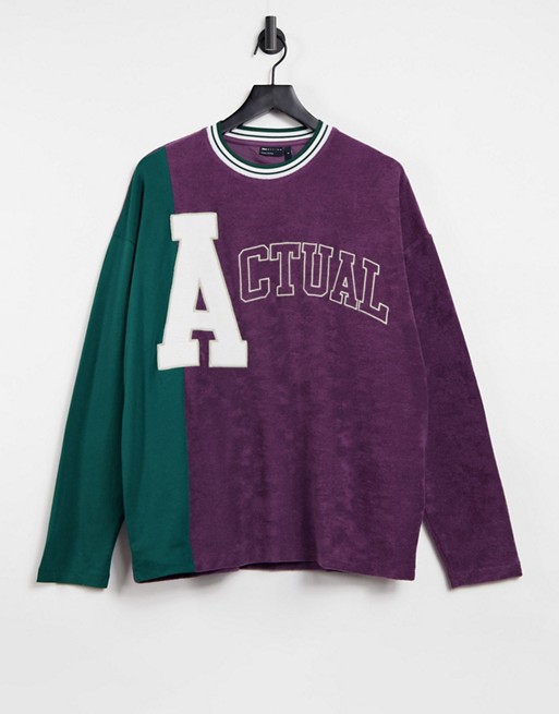 ASOS Actual extreme oversized long sleeve t-shirt in towelling with embroidered logo in purple