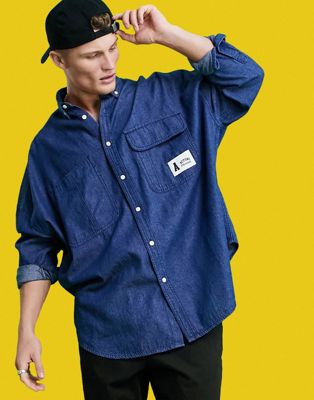 ASOS – Actual – Extremes Oversize-Jeanshemd mit Vintage-Design-Marineblau