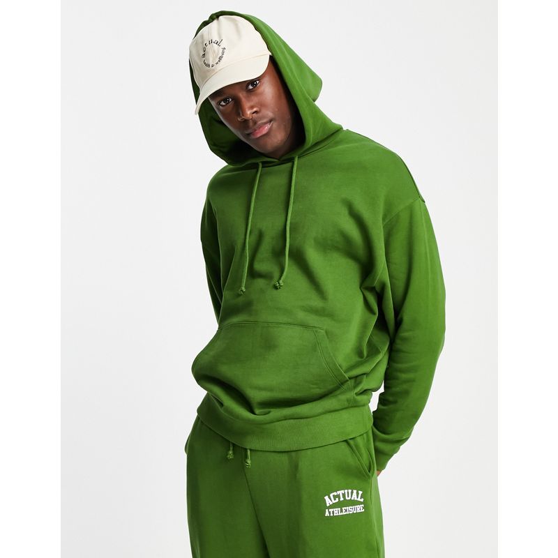 Actual - Felpa con cappuccio oversize verde con logo athleisure sulla schiena in coordinato