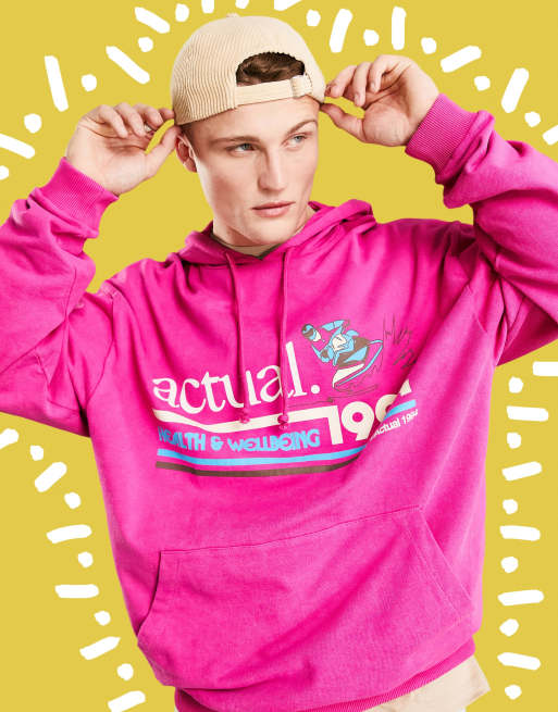 ASOS Actual - Felpa oversize rosa con cappuccio e stampa grafica sul davanti