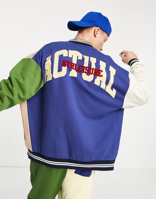 ASOS Actual - Giacca bomber stile college oversize color block blu navy con applicazione con logo