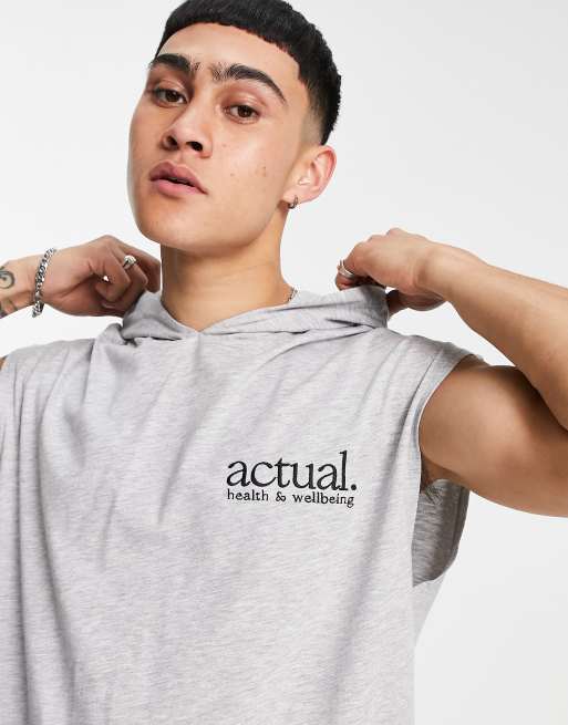 ASOS Actual - Gråmeleret top med hætte og logoprint på brystet - Del af sæt