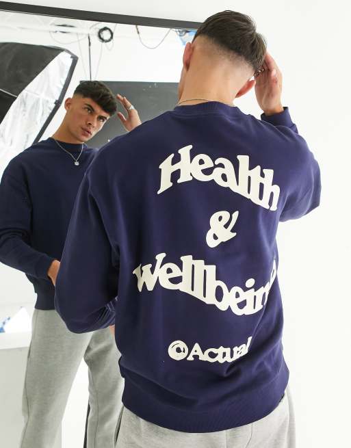 ASOS Actual – Granatowa bluza dresowa z nadrukiem „Health and Wellbeing“ na plecach