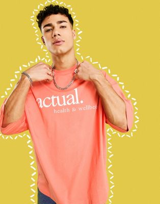 ASOS Actual health and wellbeing oversized t-shirt with logo print in coral red