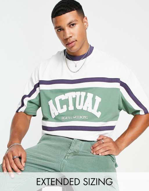 ASOS Actual – Kolorowy T-shirt oversize z ozdobnymi przeszyciami i logo z materiału boucle
