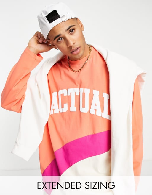 ASOS Actual - Langærmet T-shirt med buet snit og opdelt design i koralrød