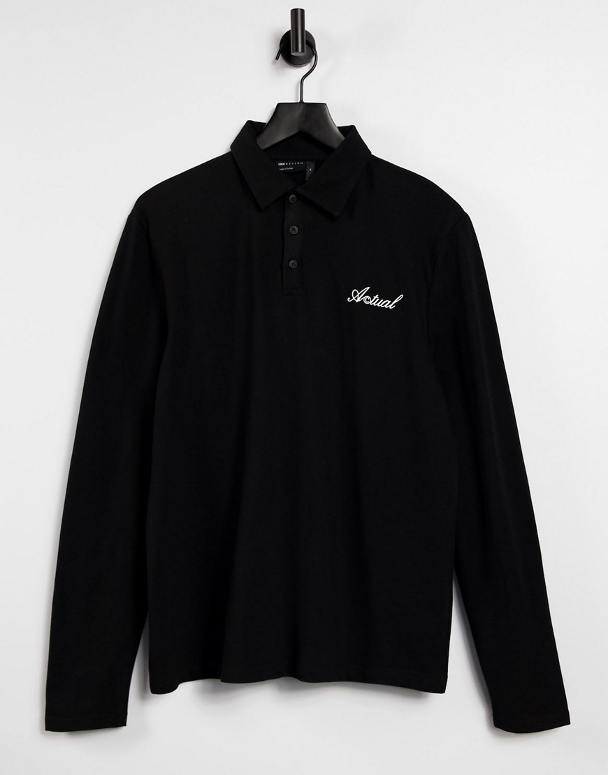Asos Actual Long Sleeve Polo Shirt In Black With Logo