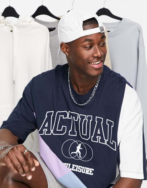 ASOS Actual – Marinblå t-shirt i oversize med tryck, logga och panelsydda detaljer
