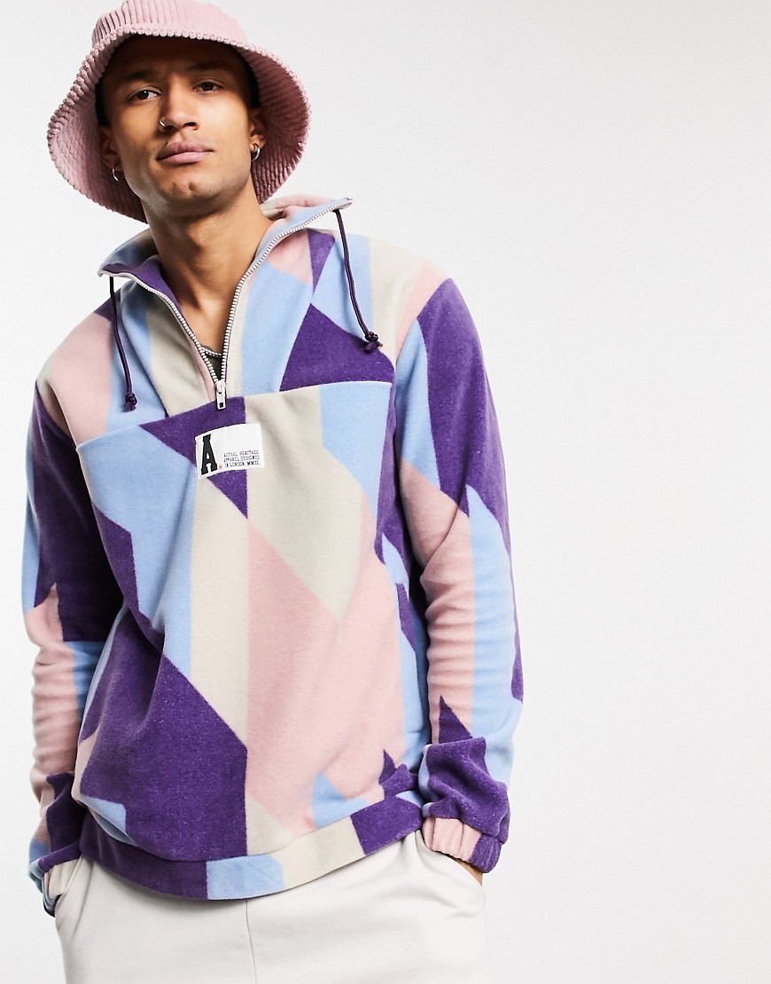 ASOS – Actual – Mönstrad, oversize-sweatshirt i fleece med kort dragkedja och logga-Flerfärgad