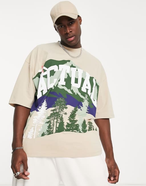 ASOS Actual – Naturfärgad oversized t-shirt med landskapstryck och logga, 4 av 4