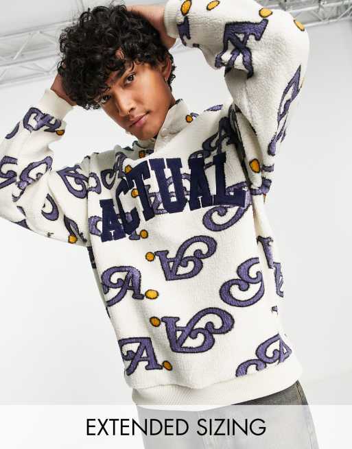 ASOS Actual – Oversize-Sweatshirt aus Teddyfleece in neutralem Farbton mit All-over-Logoprint und kurzem Reißverschluss