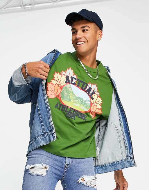 ASOS Actual– Oversize-T-Shirt in Grün mit Grafik-Logo im Natur-Look