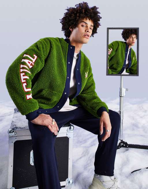 ASOS Actual oversized bomber jacket with boucle applique in green