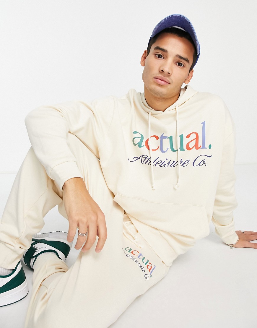 ASOS Actual oversized brushed cotton hoodie with multi color logo front print in cream - part of a set-White