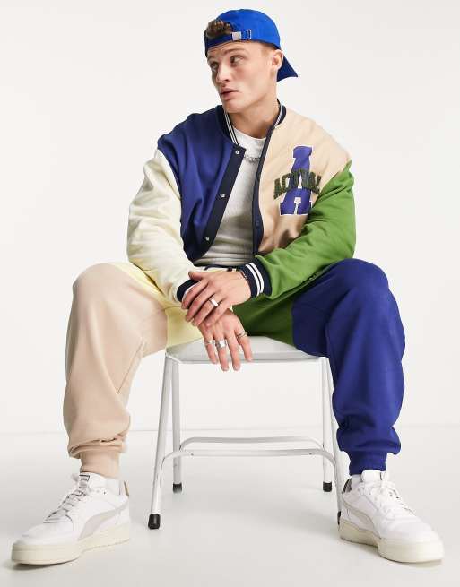 ASOS Actual oversized color block varsity bomber jacket with logo applique in navy