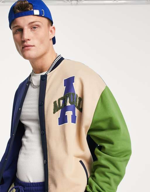 ASOS Actual oversized color block varsity bomber jacket with logo applique in navy