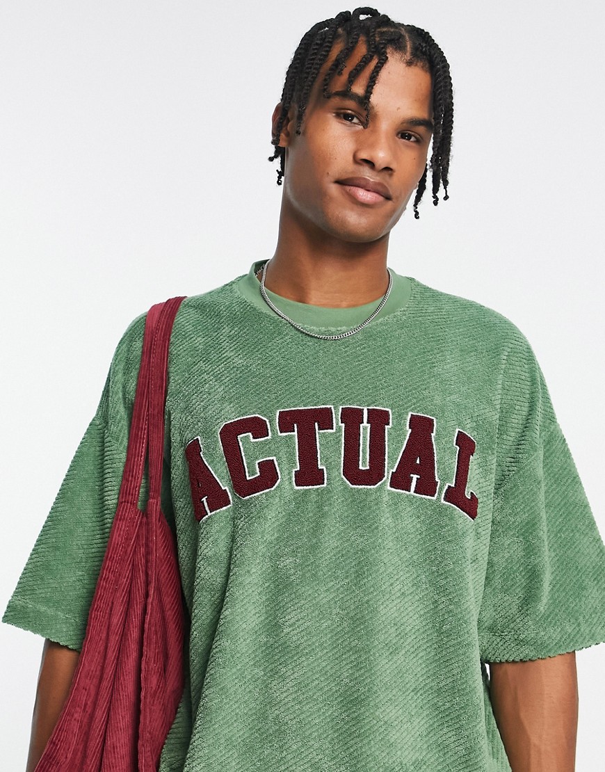 ASOS Actual oversized cord t-shirt with front logo in green