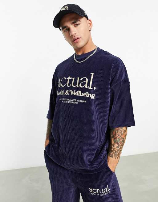 ASOS Actual oversized cord t-shirt with logo embroidery in navy (part of a set)