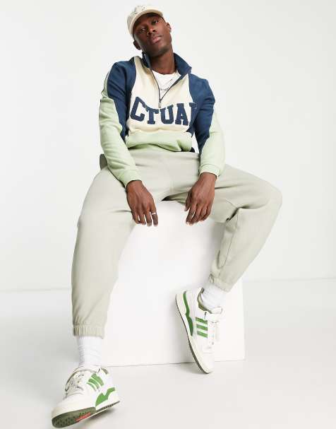 ASOS Actual oversized funnel neck sweatshirt in colour block polar fleece with logo in green - view 1