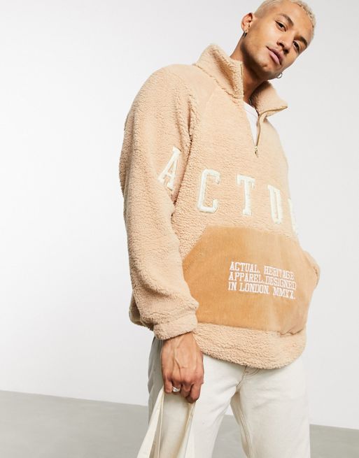 ASOS Actual oversized half zip sweatshirt in borg with logo applique text  and embroidery
