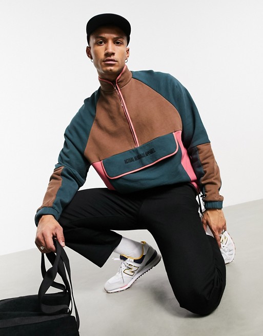 ASOS Actual oversized half zip sweatshirt in colour block tan